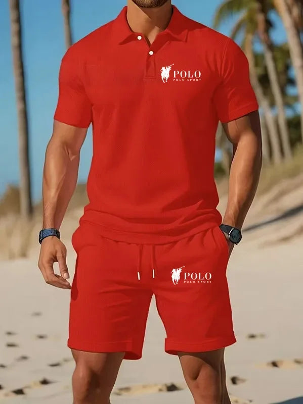 Men's Polo Shirt Set Summer Quick Dry Breathable Short Sleeve Tops and Shorts Casual Business Sportswear Solid Color Tracksuit M