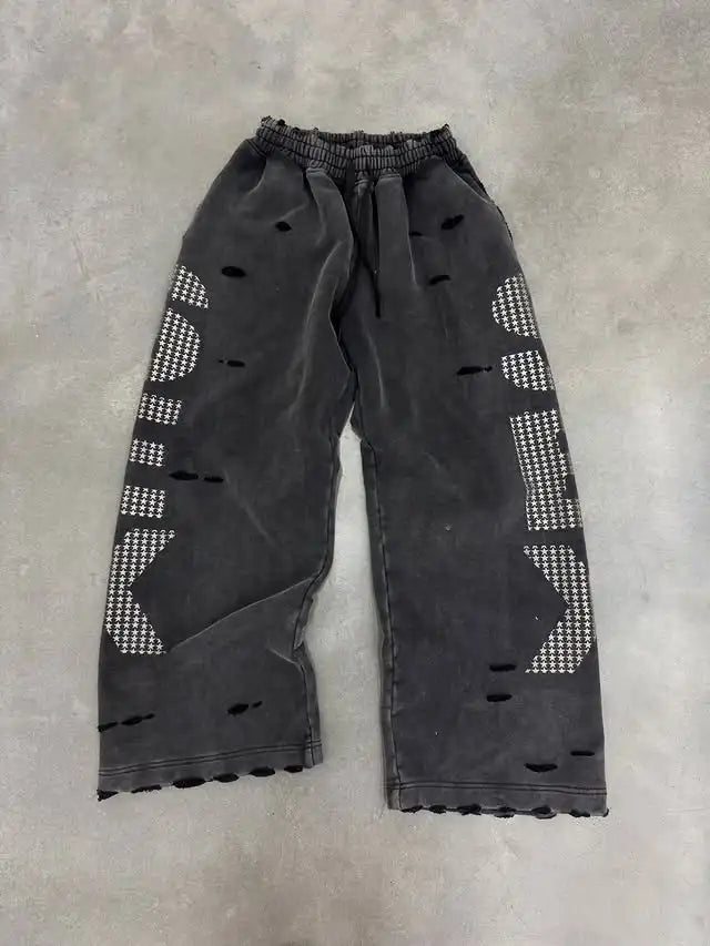 Y2K Sex Hoodie Set Oversized Retro Washed Printed Casual Zip Up Hoodie Gothic Black Ripped Hip Hop Men Women Harajuku Sweatpants