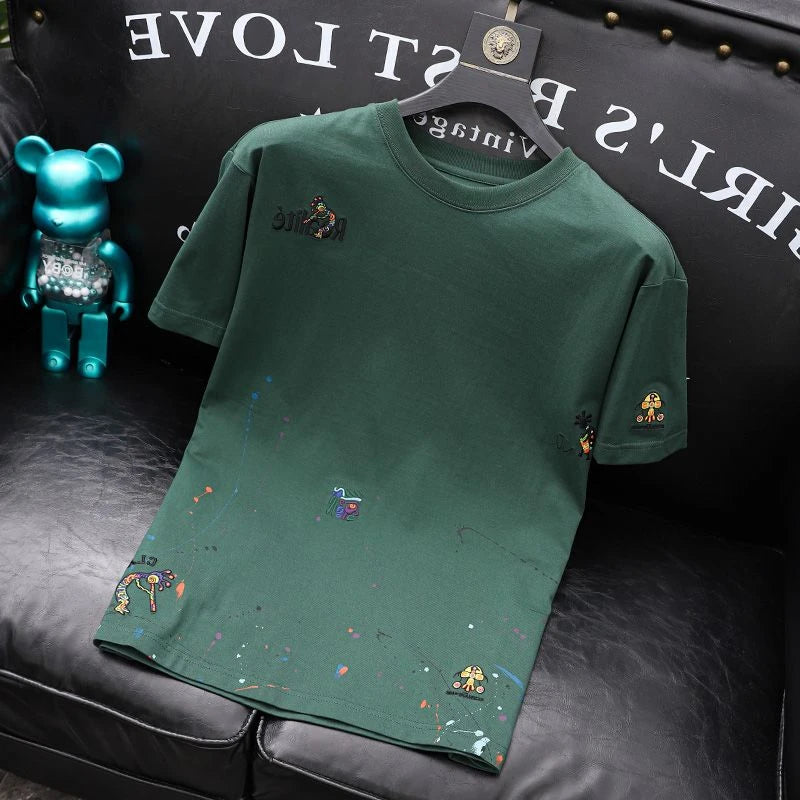Top Embroidery Man Tee Shirts Katoen T Shirt for Men Heather Print Green Watercolor Korean Clothing Funny Stylish Xl Cool Kpop S