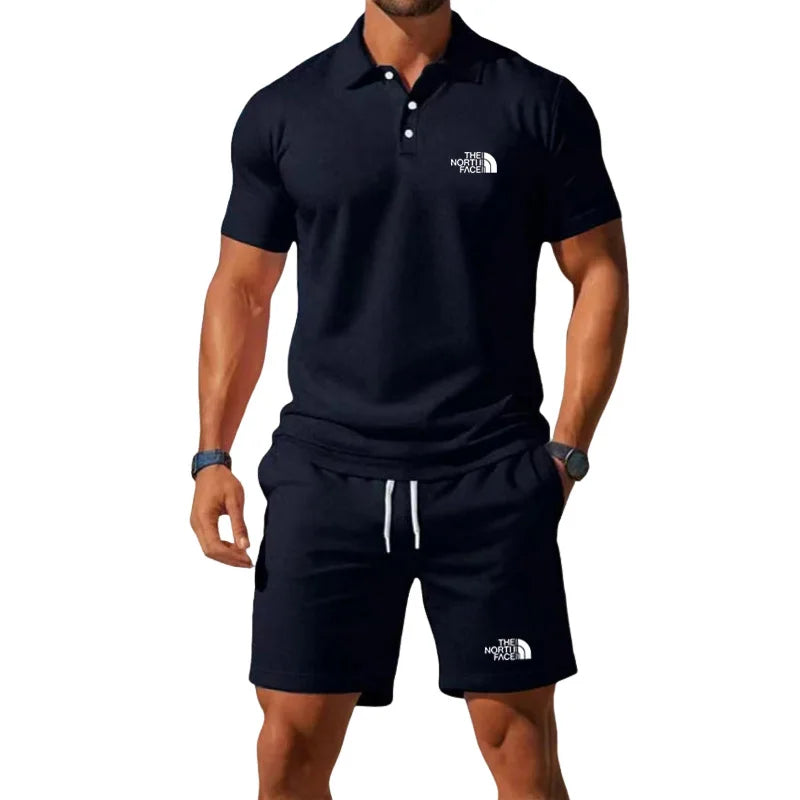 Summer Men's Business Casual Polo Shirt Tracksuit 2-Piece Breathable Short Sleeve T-Shirt + Drawstring Short Set