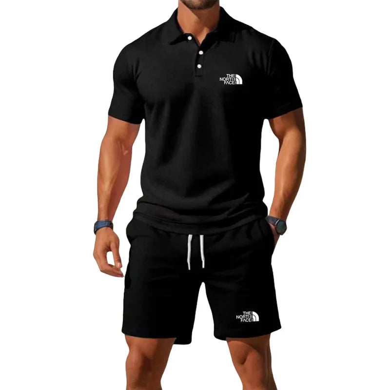 Summer Men's Business Casual Polo Shirt Tracksuit 2-Piece Breathable Short Sleeve T-Shirt + Drawstring Short Set