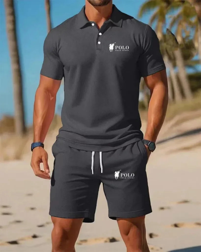 Men's Polo Shirt Set Summer Quick Dry Breathable Short Sleeve Tops and Shorts Casual Business Sportswear Solid Color Tracksuit M