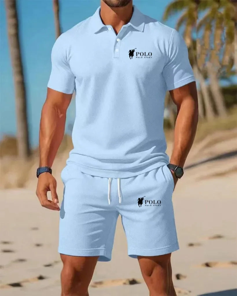 Men's Polo Shirt Set Summer Quick Dry Breathable Short Sleeve Tops and Shorts Casual Business Sportswear Solid Color Tracksuit M