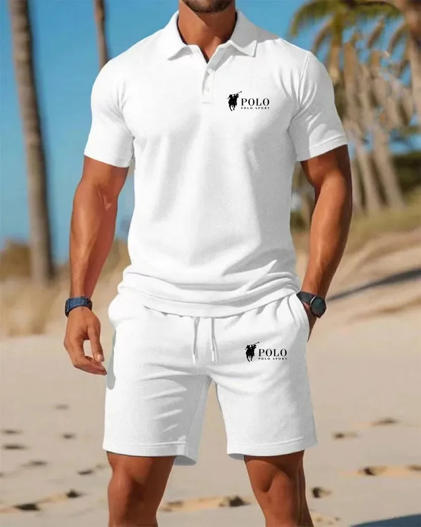 Men's Polo Shirt Set Summer Quick Dry Breathable Short Sleeve Tops and Shorts Casual Business Sportswear Solid Color Tracksuit M