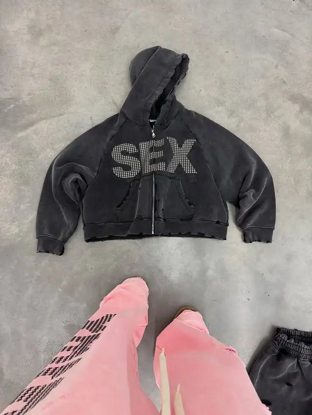 Y2K Sex Hoodie Set Oversized Retro Washed Printed Casual Zip Up Hoodie Gothic Black Ripped Hip Hop Men Women Harajuku Sweatpants