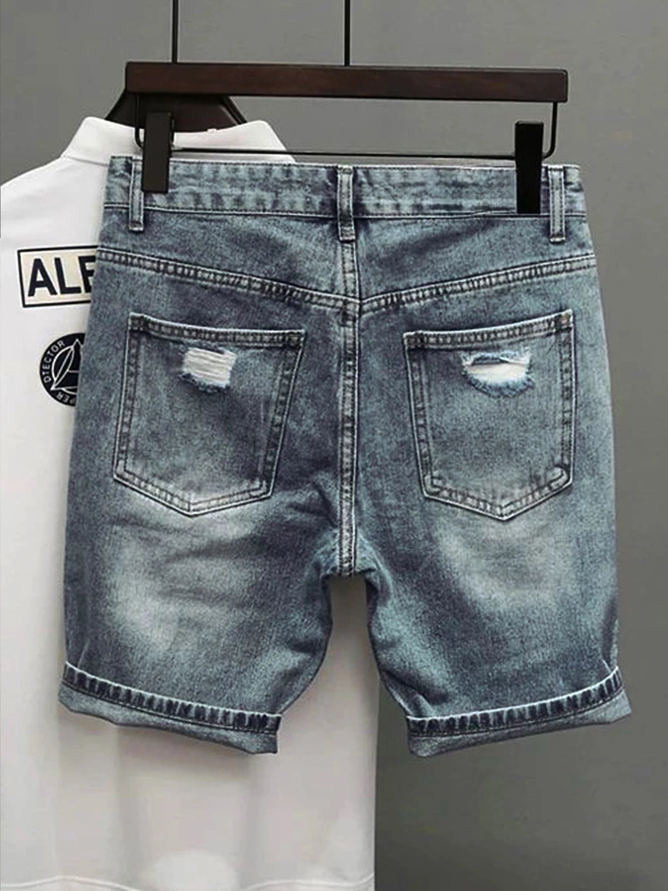 Light Blue Denim Shorts Men's Summer Distressed Ripped Y2K Jean Shorts Bermuda Knee Jeans Streetwear Casual Korean Clothes