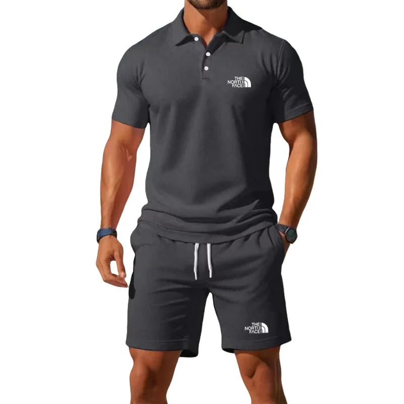 Summer Men's Business Casual Polo Shirt Tracksuit 2-Piece Breathable Short Sleeve T-Shirt + Drawstring Short Set