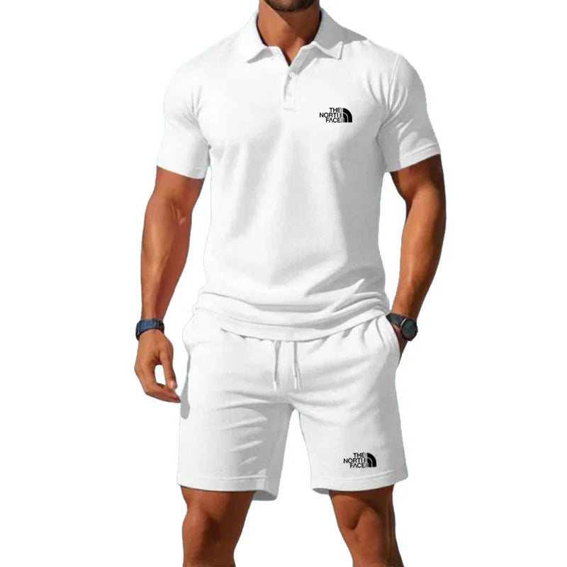 Summer Men's Business Casual Polo Shirt Tracksuit 2-Piece Breathable Short Sleeve T-Shirt + Drawstring Short Set