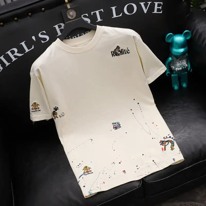 Top Embroidery Man Tee Shirts Katoen T Shirt for Men Heather Print Green Watercolor Korean Clothing Funny Stylish Xl Cool Kpop S