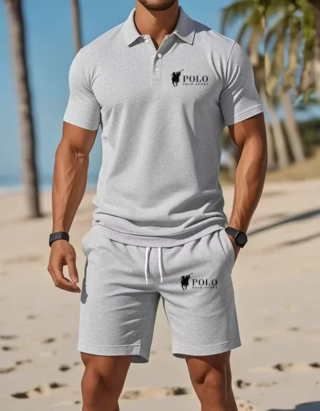 Men's Polo Shirt Set Summer Quick Dry Breathable Short Sleeve Tops and Shorts Casual Business Sportswear Solid Color Tracksuit M