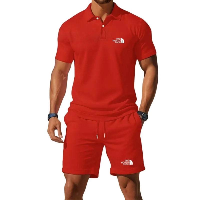 Summer Men's Business Casual Polo Shirt Tracksuit 2-Piece Breathable Short Sleeve T-Shirt + Drawstring Short Set