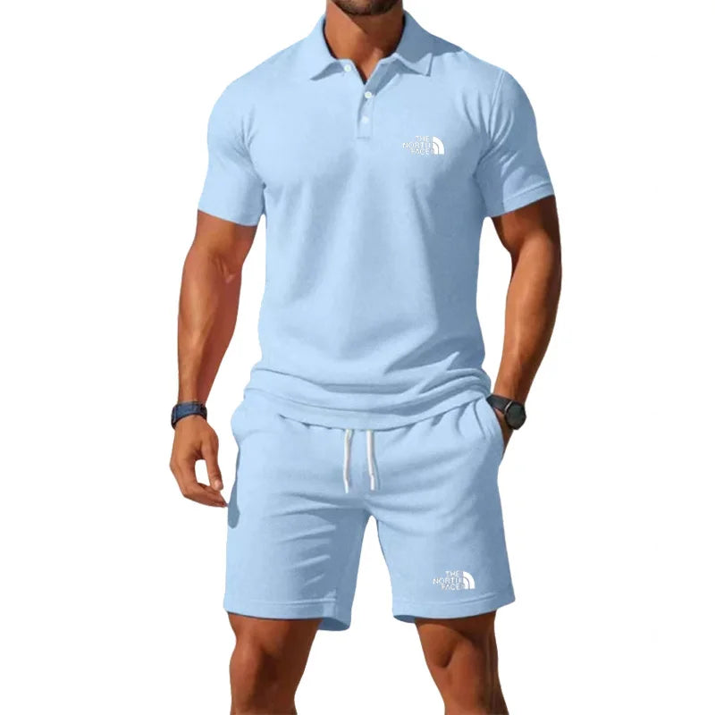 Summer Men's Business Casual Polo Shirt Tracksuit 2-Piece Breathable Short Sleeve T-Shirt + Drawstring Short Set