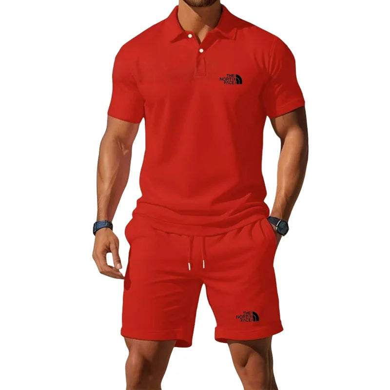 Summer Men's Business Casual Polo Shirt Tracksuit 2-Piece Breathable Short Sleeve T-Shirt + Drawstring Short Set