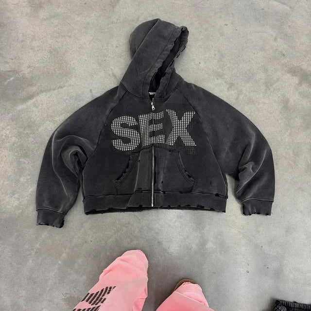 Y2K Sex Hoodie Set Oversized Retro Washed Printed Casual Zip Up Hoodie Gothic Black Ripped Hip Hop Men Women Harajuku Sweatpants