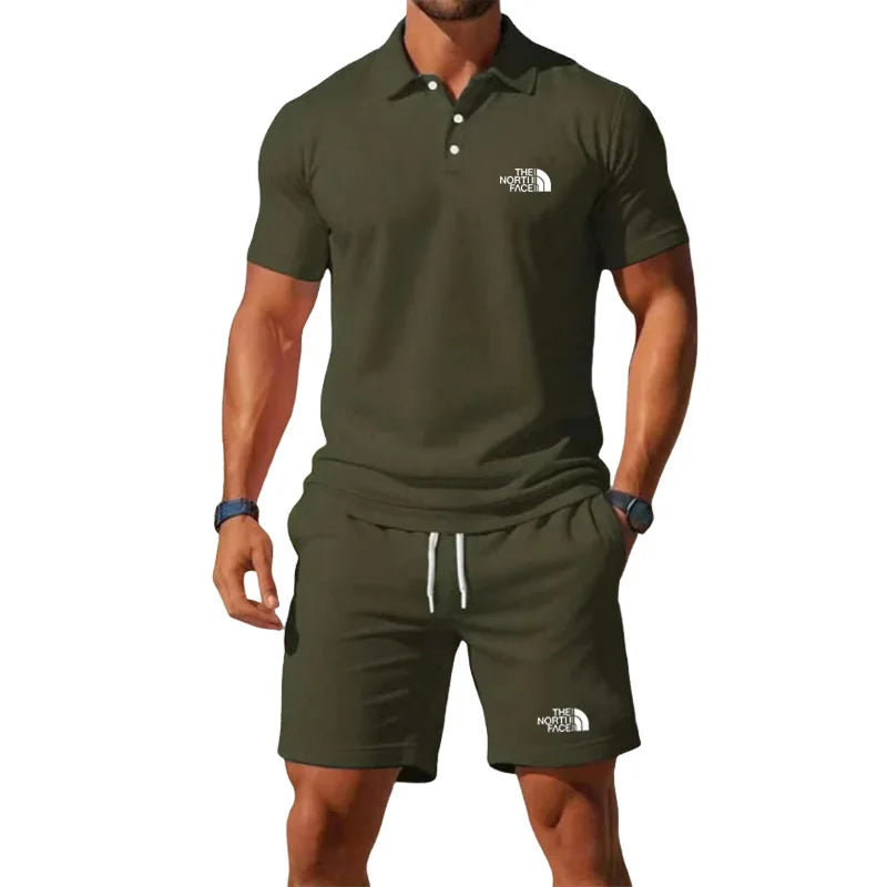 Summer Men's Business Casual Polo Shirt Tracksuit 2-Piece Breathable Short Sleeve T-Shirt + Drawstring Short Set