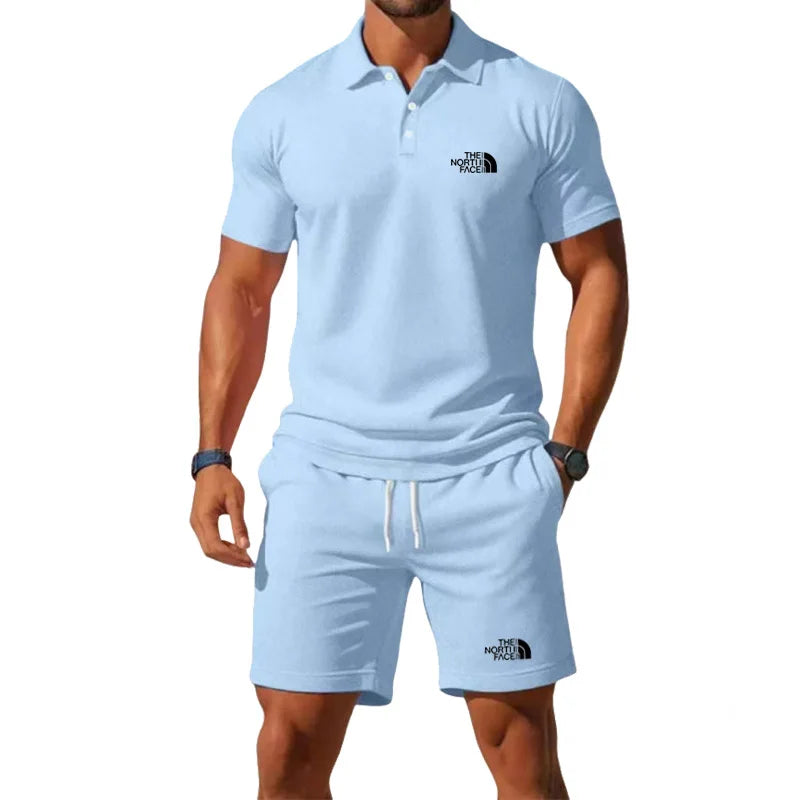 Summer Men's Business Casual Polo Shirt Tracksuit 2-Piece Breathable Short Sleeve T-Shirt + Drawstring Short Set