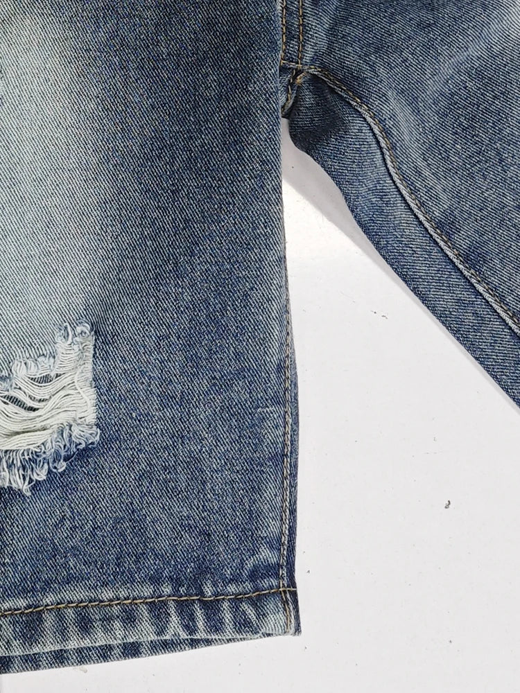 Light Blue Denim Shorts Men's Summer Distressed Ripped Y2K Jean Shorts Bermuda Knee Jeans Streetwear Casual Korean Clothes