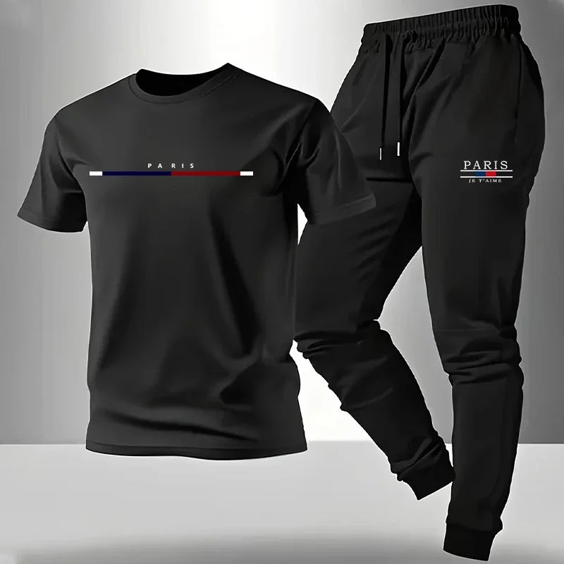 Men's Set T-shirt and Sweatpants Paris Print Summer Short Sleeve Tracksuit Male Home Outdoor Comfort Casual Tees Outfit S-3XL