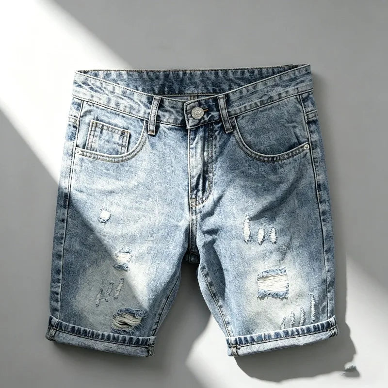 Light Blue Denim Shorts Men's Summer Distressed Ripped Y2K Jean Shorts Bermuda Knee Jeans Streetwear Casual Korean Clothes