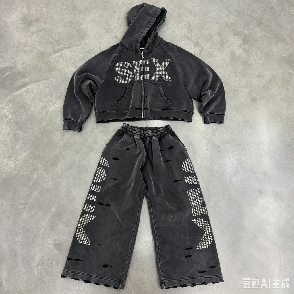 Y2K Sex Hoodie Set Oversized Retro Washed Printed Casual Zip Up Hoodie Gothic Black Ripped Hip Hop Men Women Harajuku Sweatpants