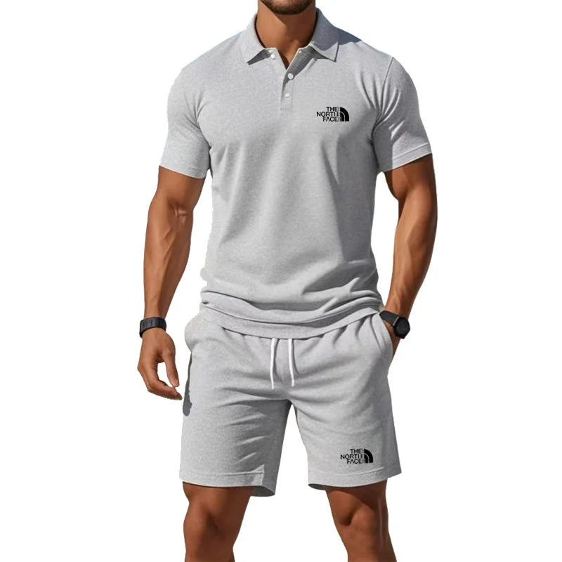Summer Men's Business Casual Polo Shirt Tracksuit 2-Piece Breathable Short Sleeve T-Shirt + Drawstring Short Set