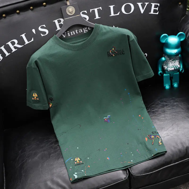 Top Embroidery Man Tee Shirts Katoen T Shirt for Men Heather Print Green Watercolor Korean Clothing Funny Stylish Xl Cool Kpop S