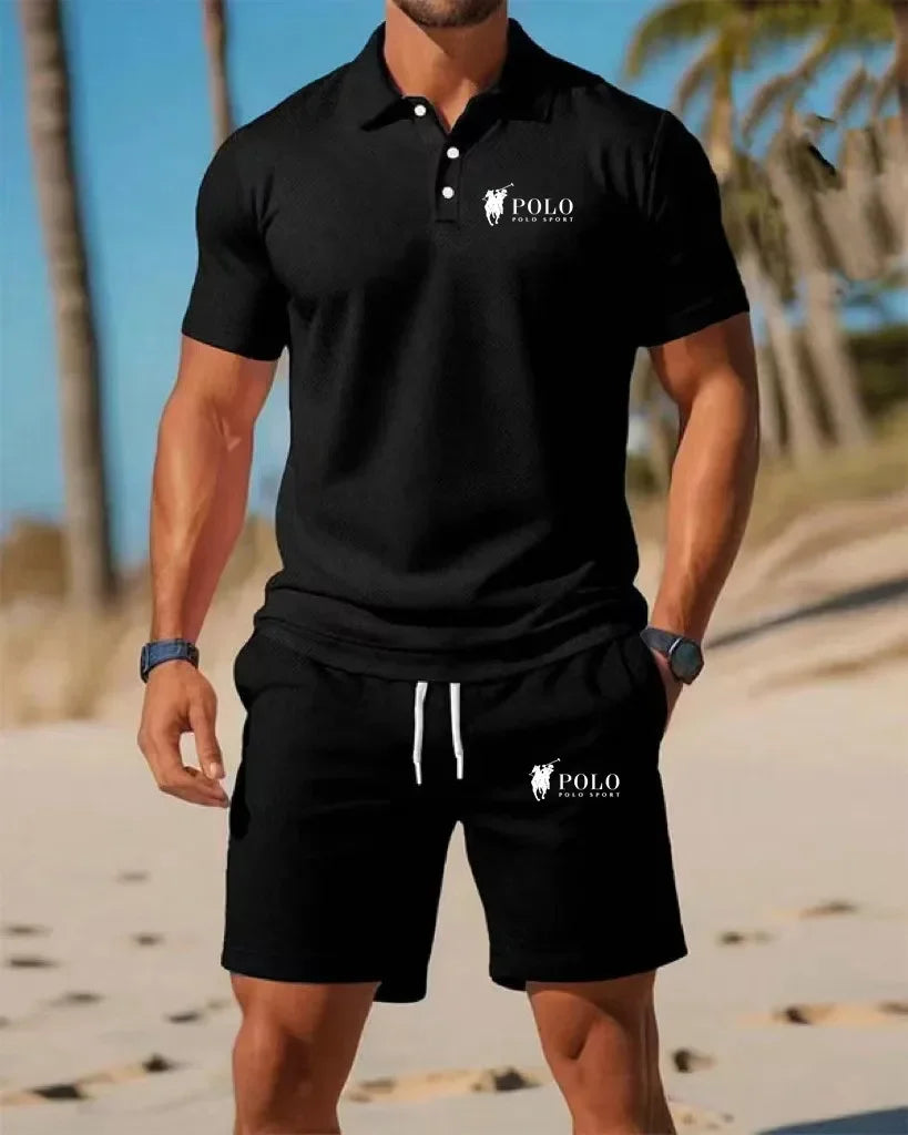 Men's Polo Shirt Set Summer Quick Dry Breathable Short Sleeve Tops and Shorts Casual Business Sportswear Solid Color Tracksuit M