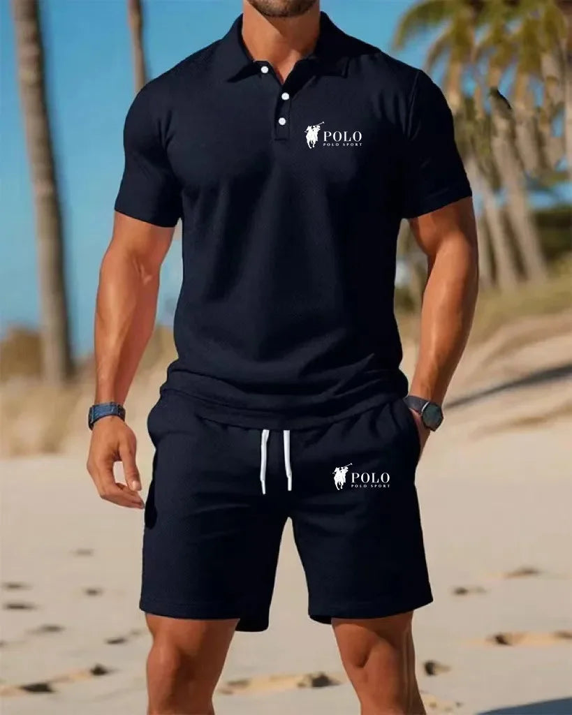 Men's Polo Shirt Set Summer Quick Dry Breathable Short Sleeve Tops and Shorts Casual Business Sportswear Solid Color Tracksuit M