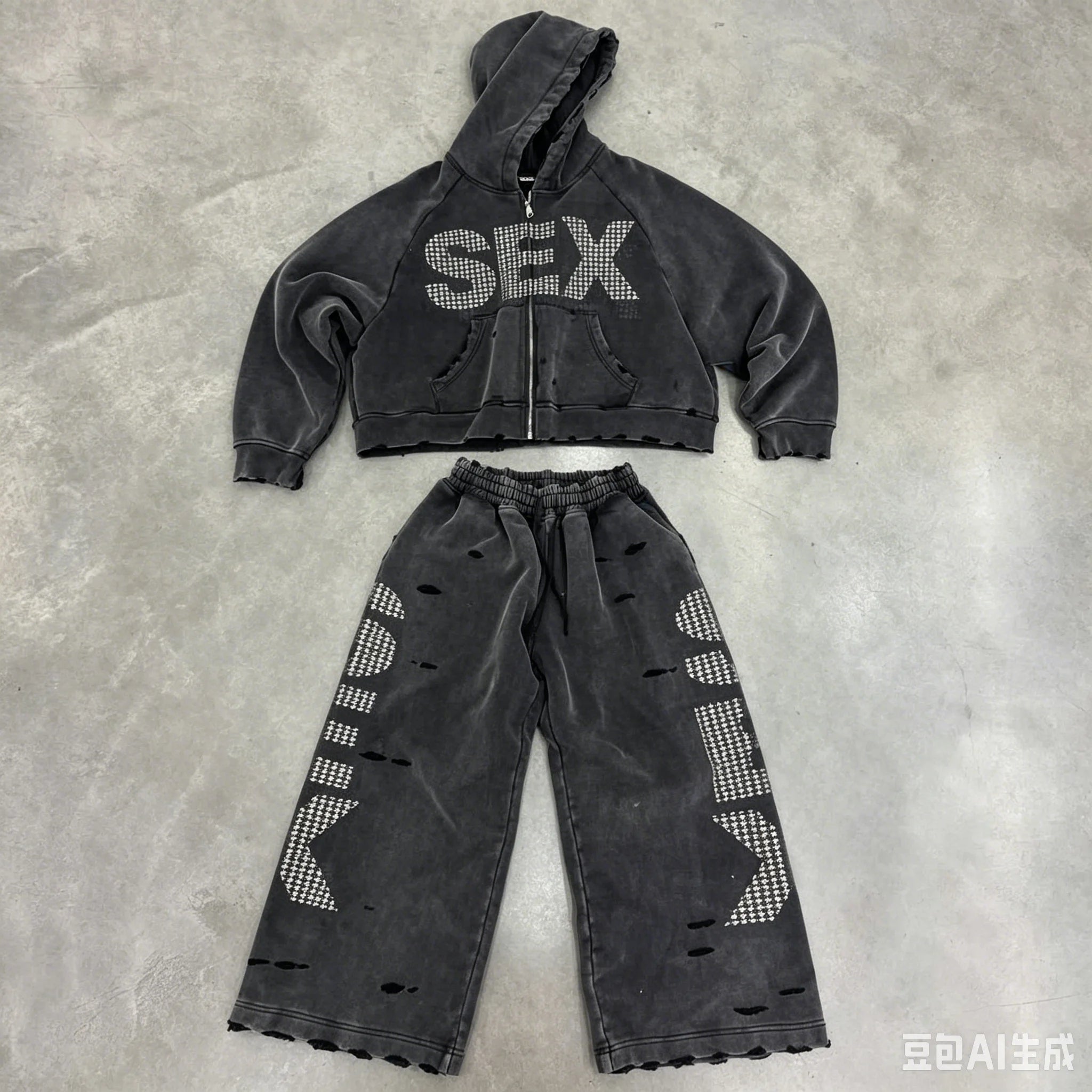 Y2K Sex Hoodie Set Oversized Retro Washed Printed Casual Zip Up Hoodie Gothic Black Ripped Hip Hop Men Women Harajuku Sweatpants