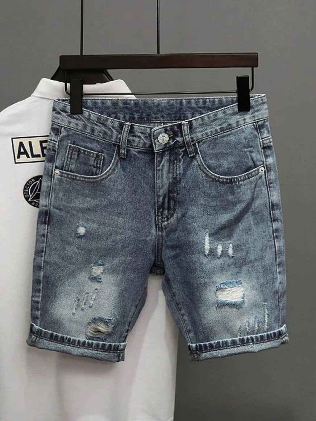 Light Blue Denim Shorts Men's Summer Distressed Ripped Y2K Jean Shorts Bermuda Knee Jeans Streetwear Casual Korean Clothes