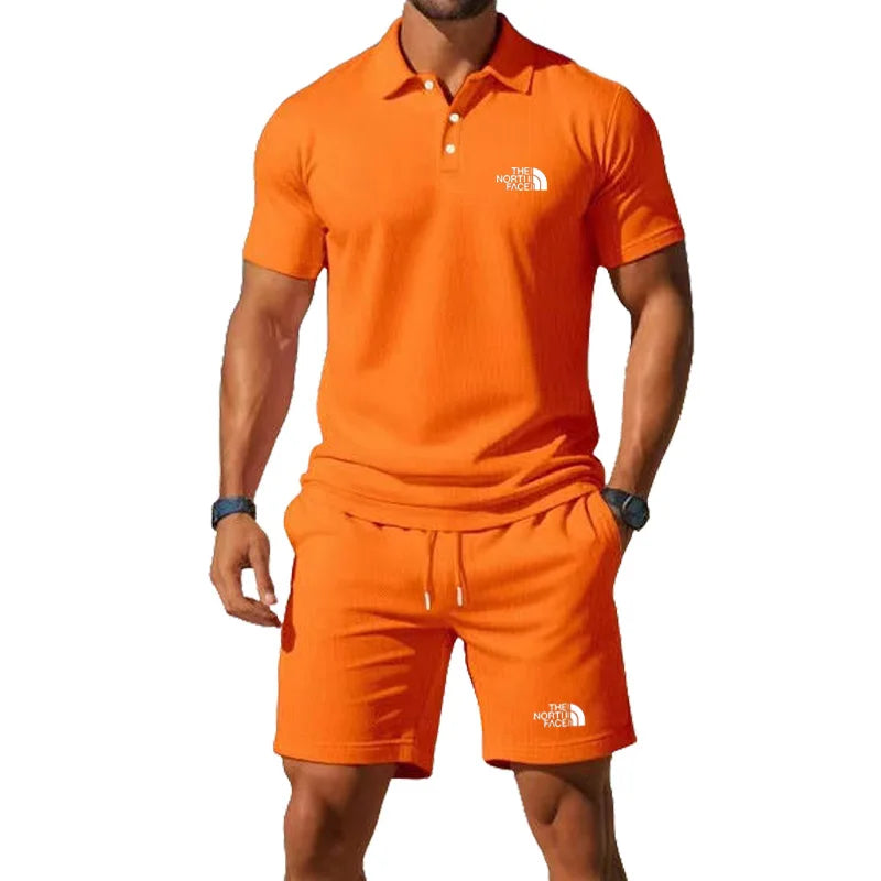 Summer Men's Business Casual Polo Shirt Tracksuit 2-Piece Breathable Short Sleeve T-Shirt + Drawstring Short Set