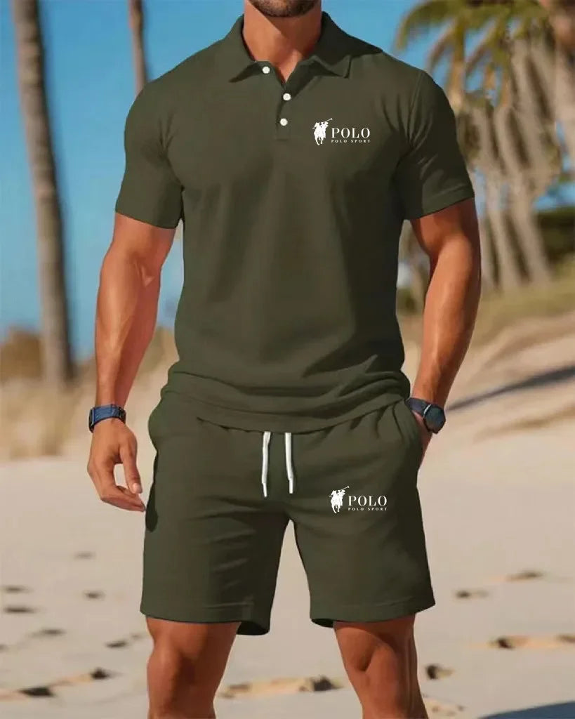 Men's Polo Shirt Set Summer Quick Dry Breathable Short Sleeve Tops and Shorts Casual Business Sportswear Solid Color Tracksuit M