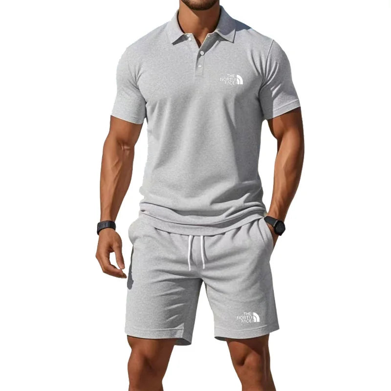 Summer Men's Business Casual Polo Shirt Tracksuit 2-Piece Breathable Short Sleeve T-Shirt + Drawstring Short Set