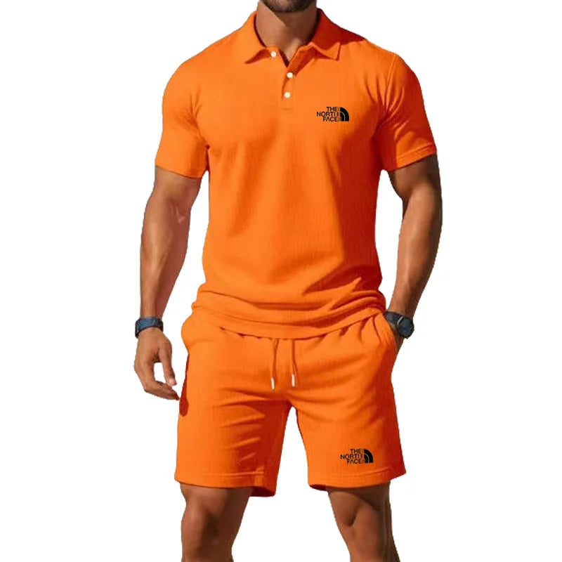 Summer Men's Business Casual Polo Shirt Tracksuit 2-Piece Breathable Short Sleeve T-Shirt + Drawstring Short Set